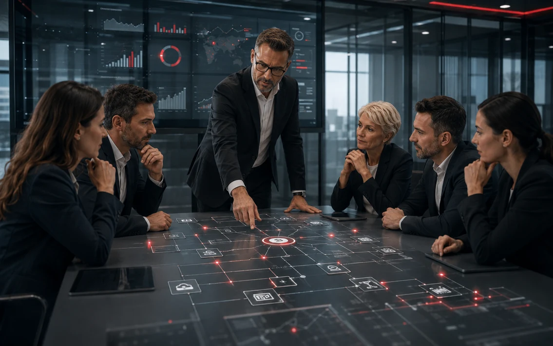 a realistic management and operations team solving the article's specific business problem through a clear process, reliable information and coordinated technology.