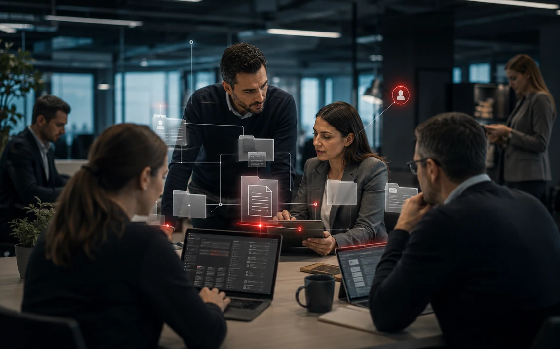 a modern hybrid-work team coordinating documents, meetings and tasks across one coherent digital workspace, with clean connected file and collaboration cues but no product logos.