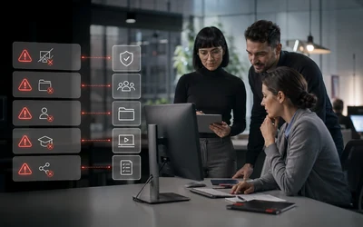 a modern hybrid-work team coordinating documents, meetings and tasks across one coherent digital workspace, with clean connected file and collaboration cues but no product logos.