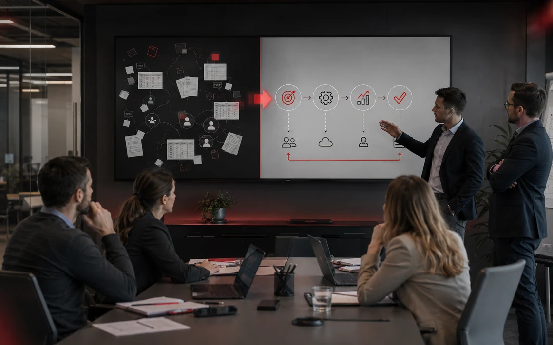 a realistic management and operations team solving the article's specific business problem through a clear process, reliable information and coordinated technology.