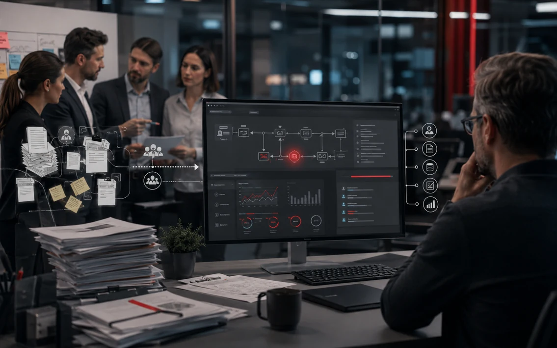 a management team using AI as a controlled business layer connected to real company data, processes and decisions, with clear human oversight and no humanoid robot.